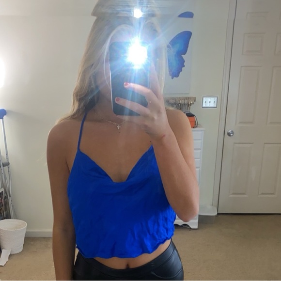 Zara blue cow neck silk top - Picture 1 of 2